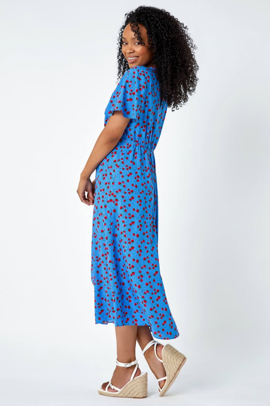 Roman Blue Petite Strawberry Print Midi Tea Dress