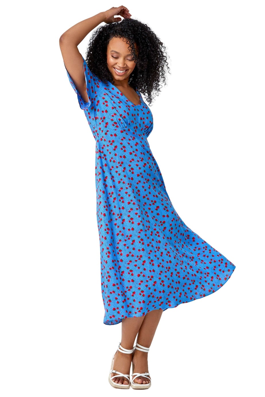 Roman Blue Petite Strawberry Print Midi Tea Dress