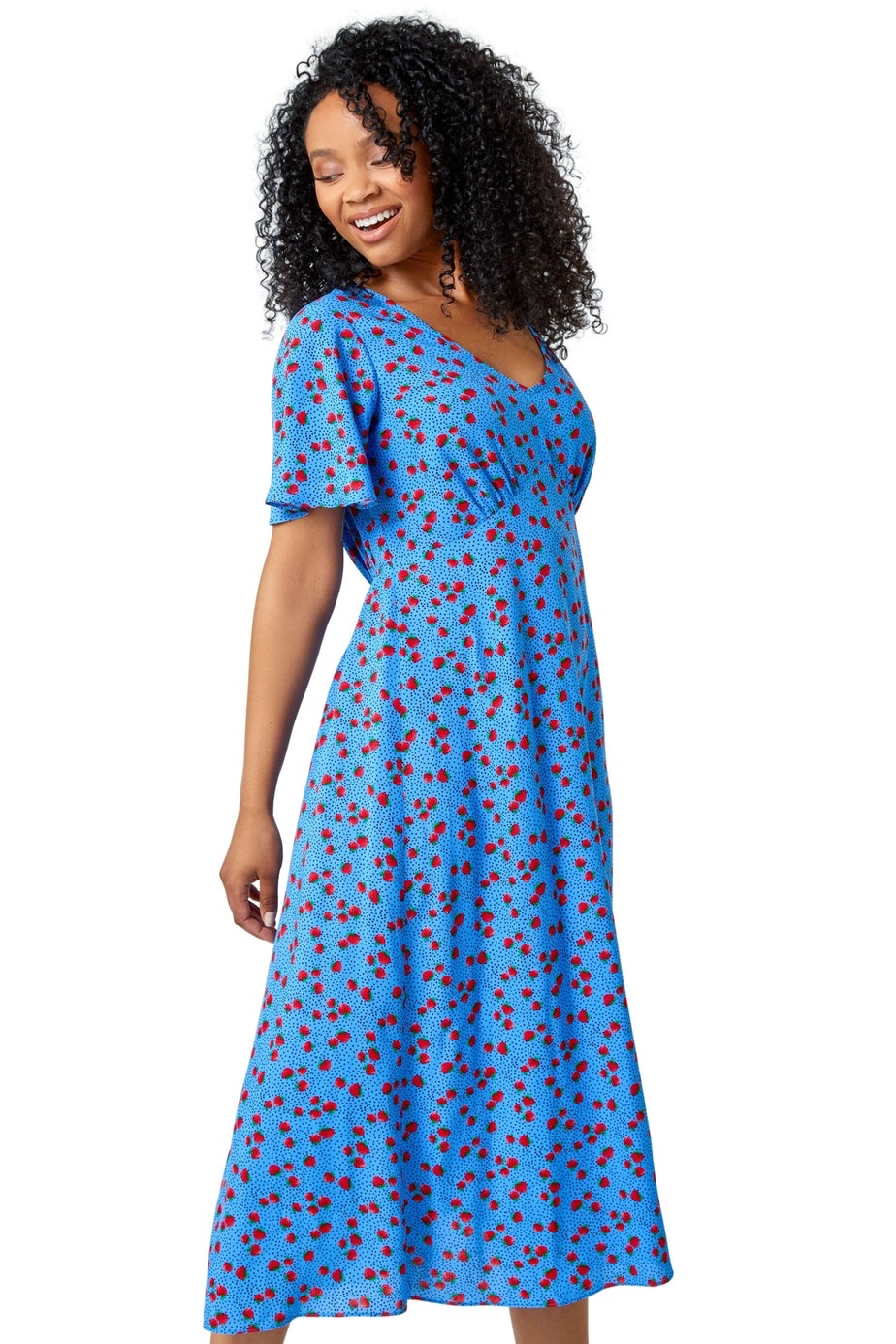 Roman Blue Petite Strawberry Print Midi Tea Dress