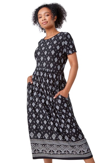 Roman Black Petite Border Print Stretch Midi Dress