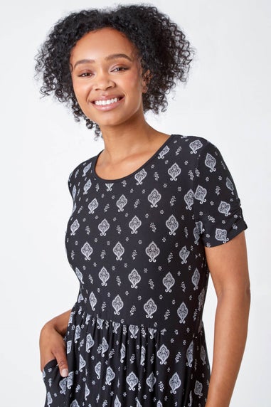 Roman Black Petite Border Print Stretch Midi Dress