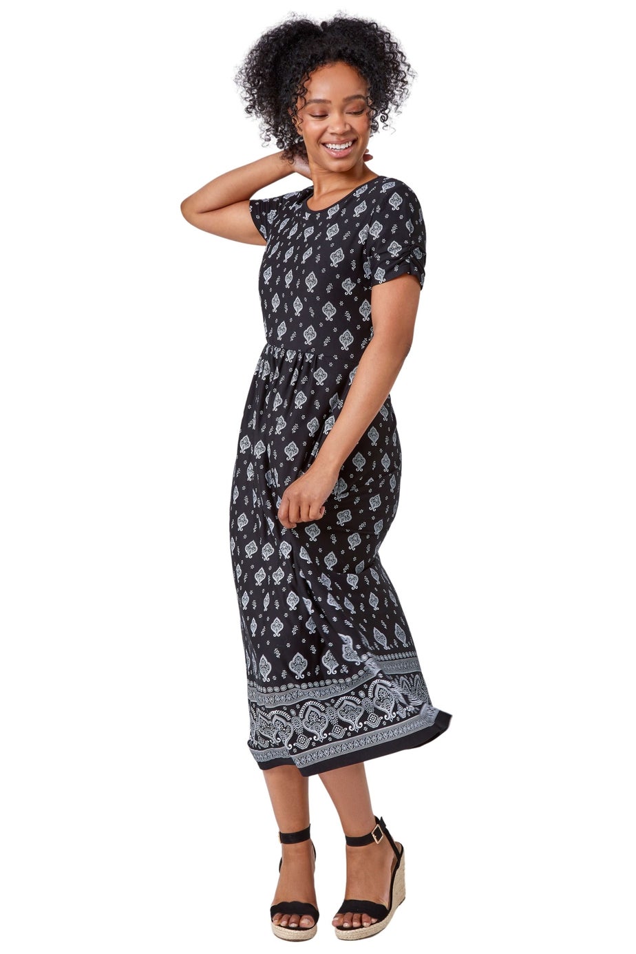 Roman Black Petite Border Print Stretch Midi Dress