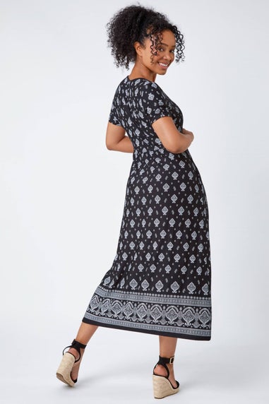 Roman Black Petite Border Print Stretch Midi Dress