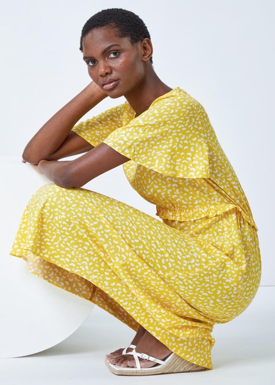 Roman Yellow Ditsy Print Frill Waist Midi Dress