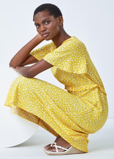 Roman Yellow Ditsy Print Frill Waist Midi Dress
