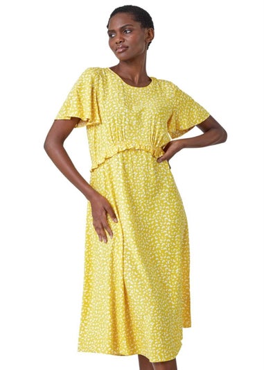 Roman Yellow Ditsy Print Frill Waist Midi Dress