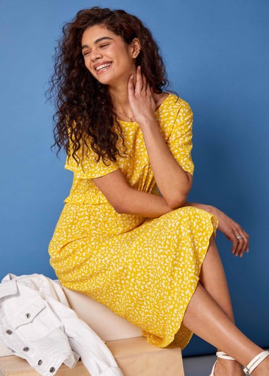 Roman Yellow Ditsy Print Frill Waist Midi Dress