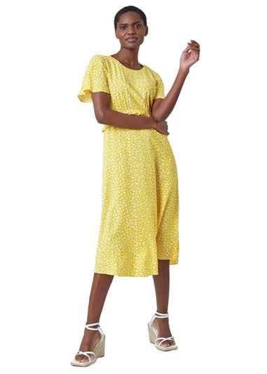 Roman Yellow Ditsy Print Frill Waist Midi Dress