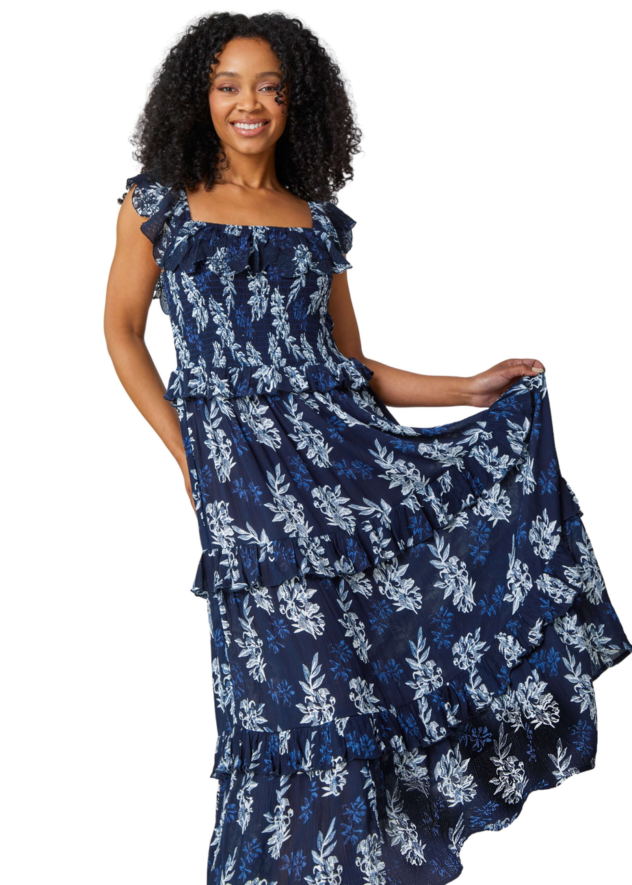 Roman Navy Petite Floral Print Tiered Maxi Dress