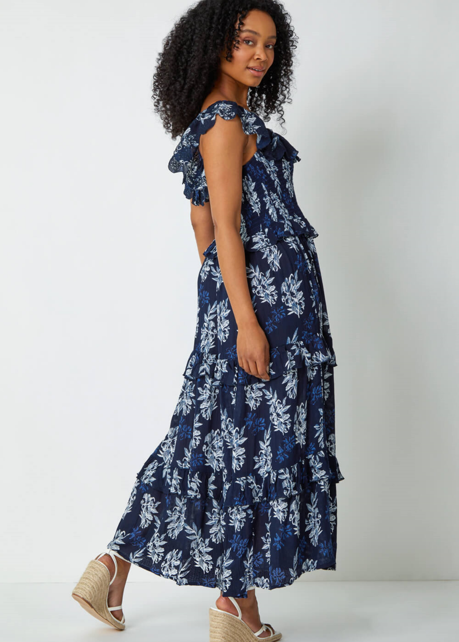 Roman Navy Petite Floral Print Tiered Maxi Dress