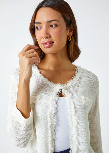 Roman Ivory Short Textured Boucle Cardigan