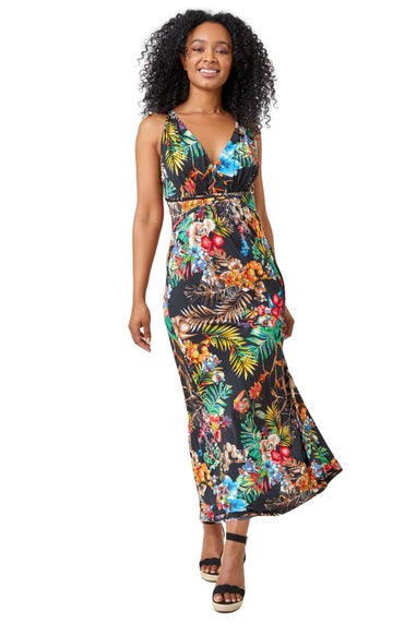 Roman Black Petite Sleeveless Tropical Maxi Stretch Dress