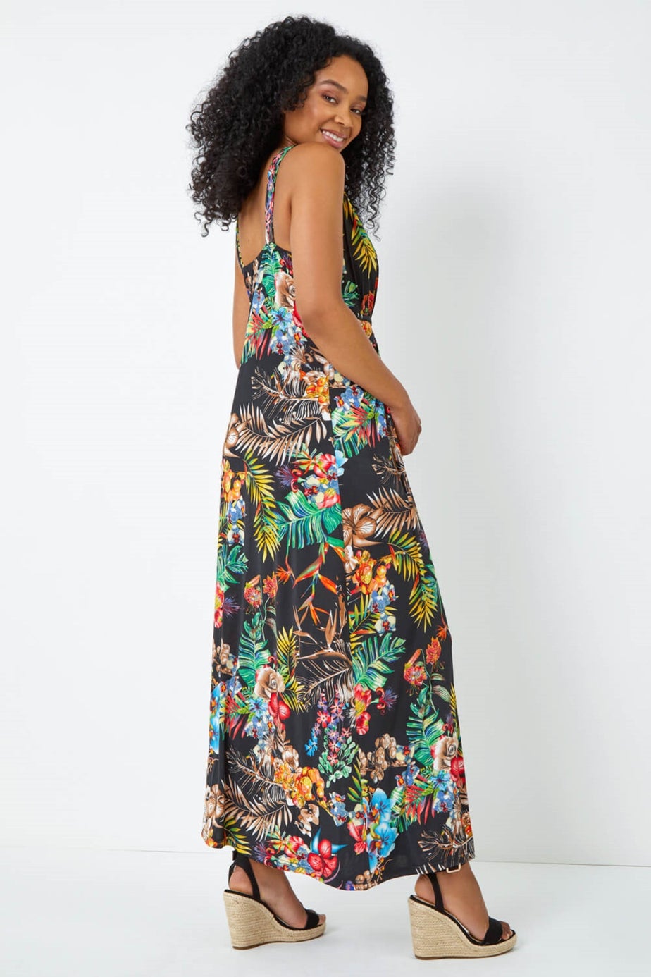 Roman Black Petite Sleeveless Tropical Maxi Stretch Dress