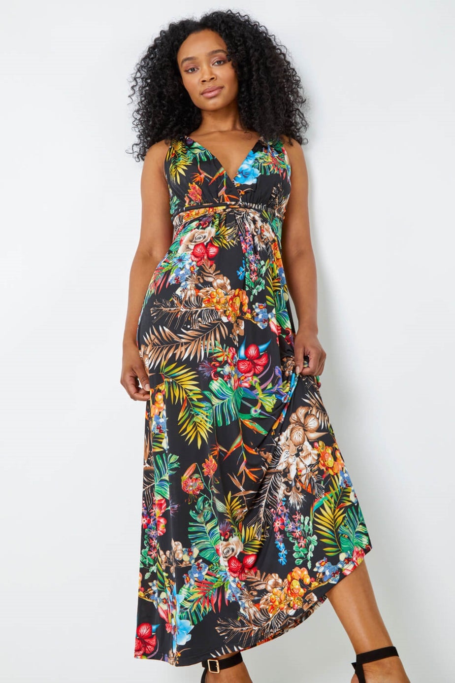 Roman Black Petite Sleeveless Tropical Maxi Stretch Dress