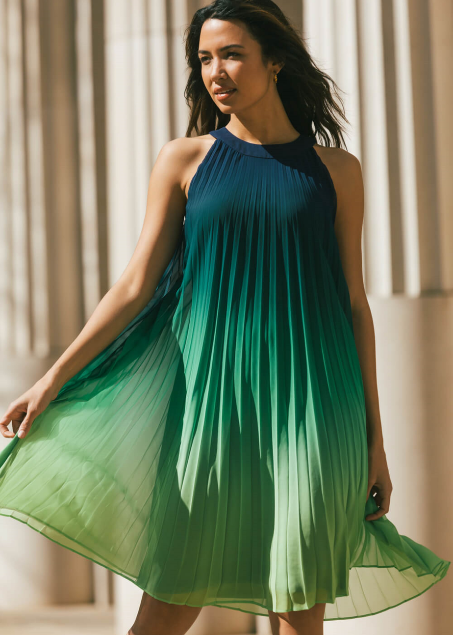 Roman Navy Ombre Halter Neck Pleated Chiffon Swing Dress