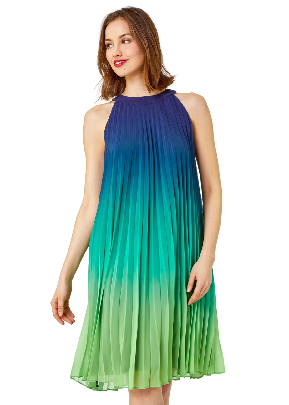 Roman Navy Ombre Halter Neck Pleated Chiffon Swing Dress