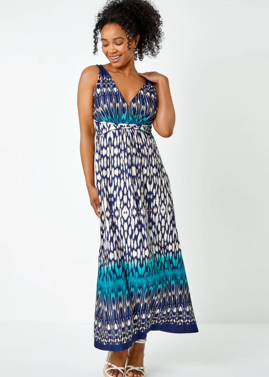 Roman Teal Petite Sleeveless Aztec Maxi Stretch Dress