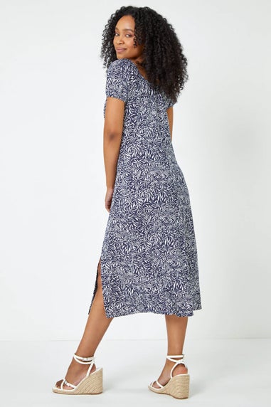 Roman Blue Petite Leaf Print Midi Stretch Dress