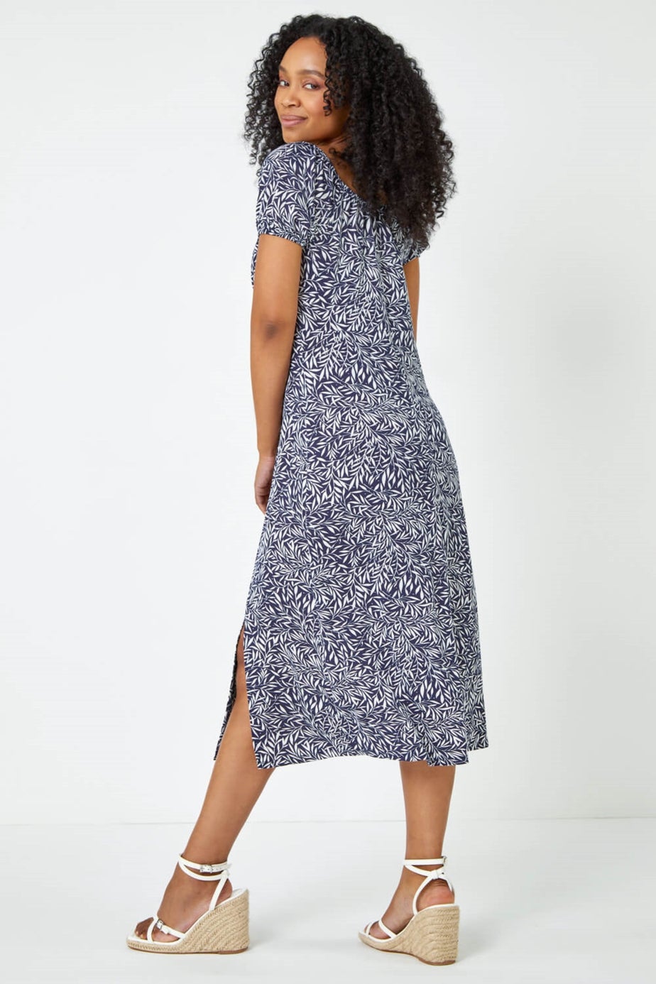 Roman Blue Petite Leaf Print Midi Stretch Dress