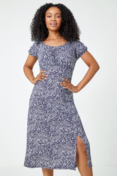 Roman Blue Petite Leaf Print Midi Stretch Dress