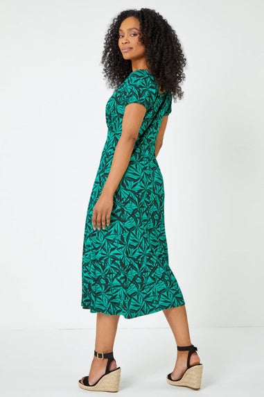 Roman Green Petite Leaf Print Midi Stretch Dress