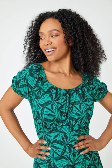 Roman Green Petite Leaf Print Midi Stretch Dress