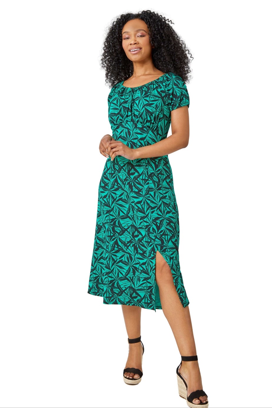 Roman Green Petite Leaf Print Midi Stretch Dress