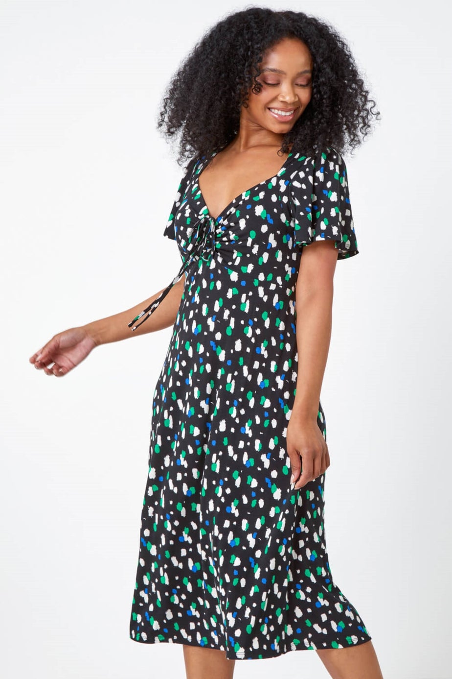 Roman Black Petite Spot Ruched Stretch Midi Dress