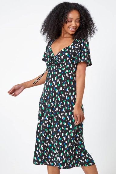 Roman Black Petite Spot Ruched Stretch Midi Dress