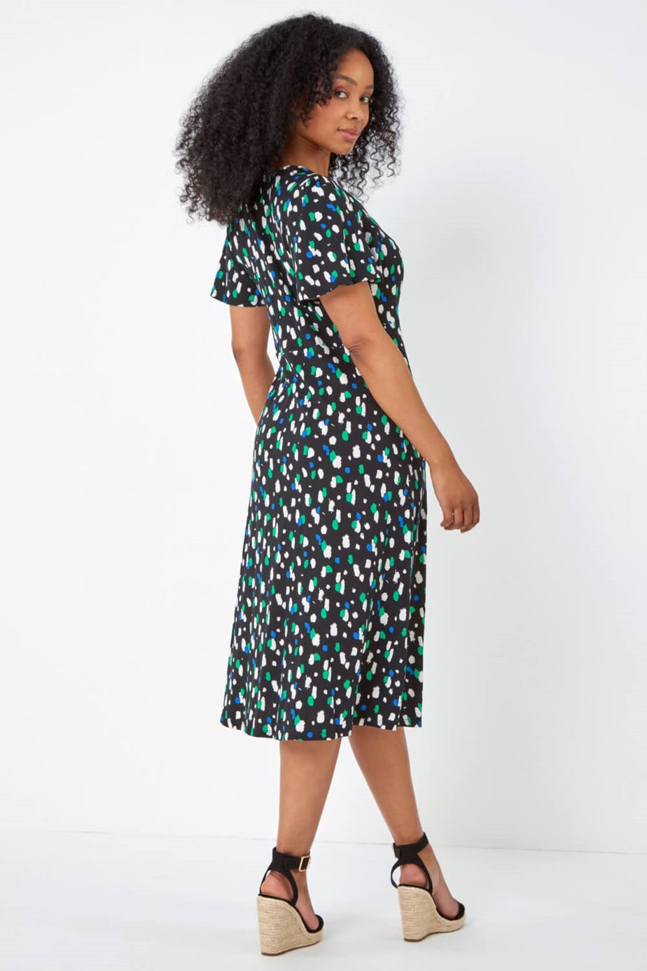 Roman Black Petite Spot Ruched Stretch Midi Dress