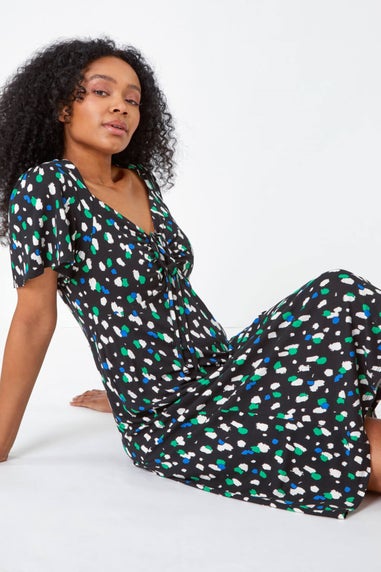 Roman Black Petite Spot Ruched Stretch Midi Dress