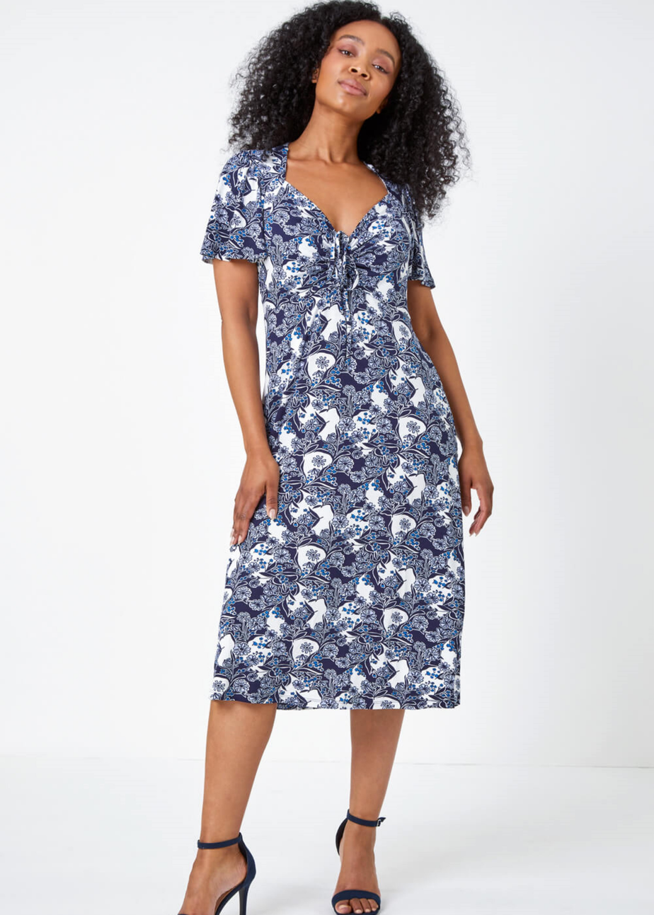 Roman Blue Petite Floral Ruched Stretch Tea Dress