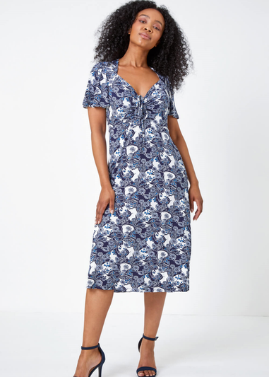 Roman Blue Petite Floral Ruched Stretch Tea Dress