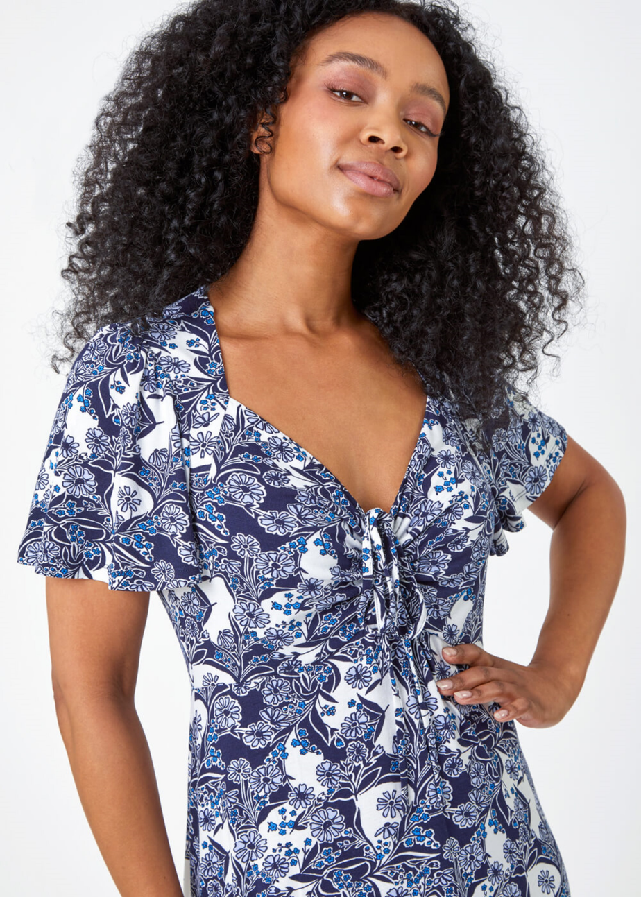 Roman Blue Petite Floral Ruched Stretch Tea Dress