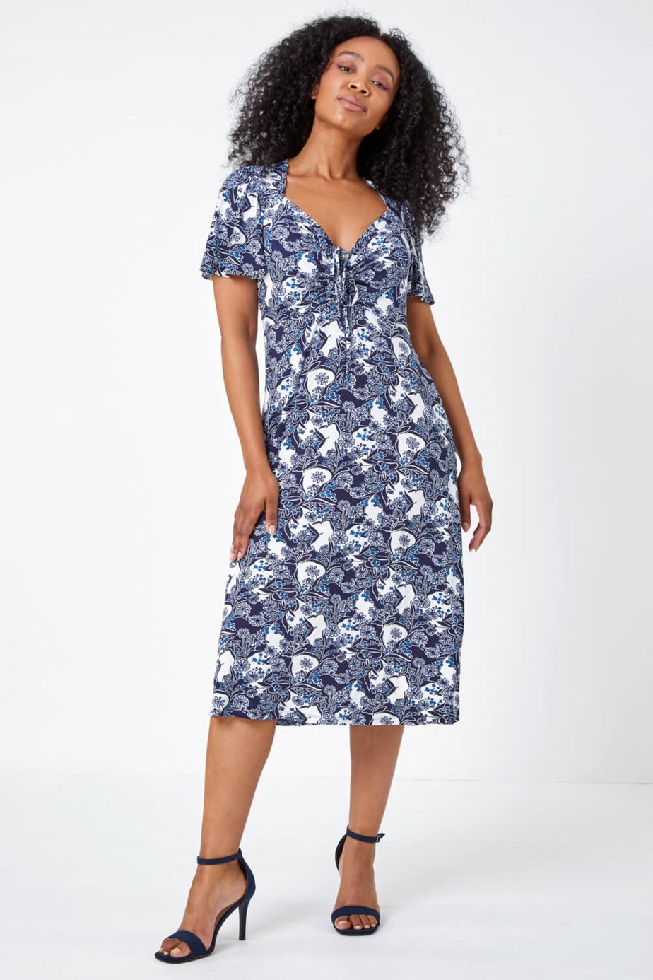 Roman Blue Petite Floral Ruched Stretch Tea Dress