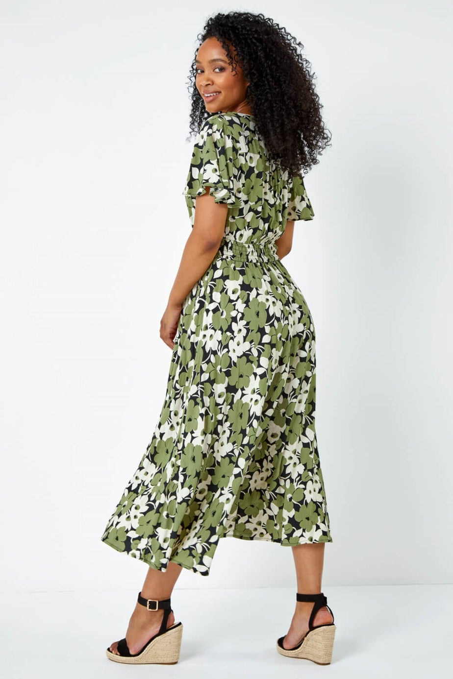 Roman Green Petite Floral Print Shirred Midi Dress