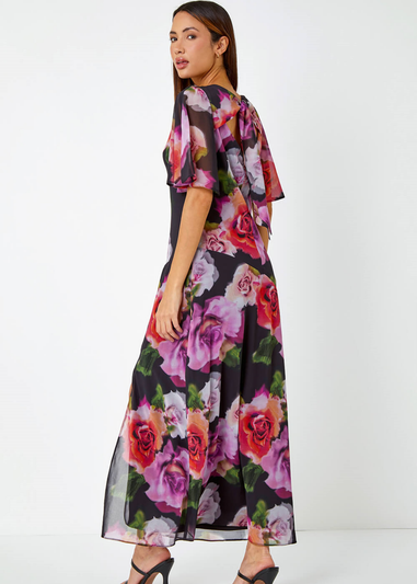 Roman Black Floral Print Chiffon Tie Back Maxi Dress
