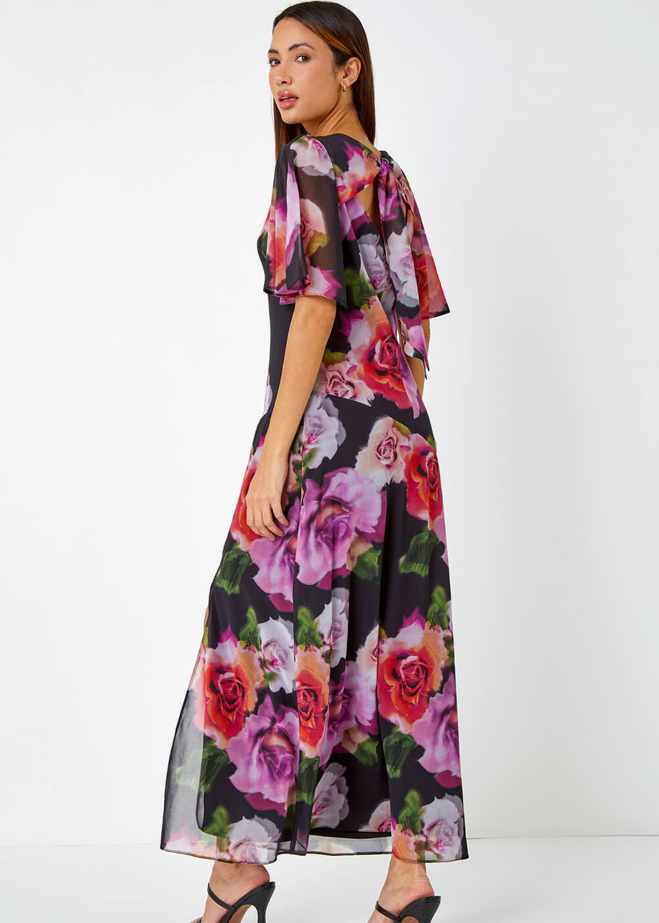 Roman Black Floral Print Chiffon Tie Back Maxi Dress