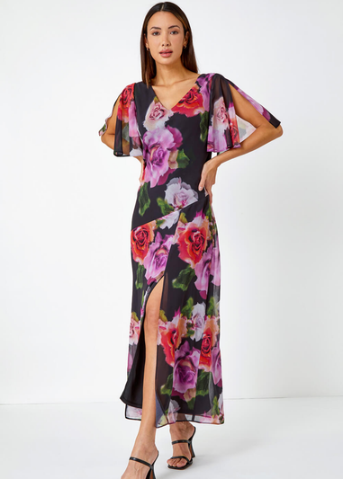 Roman Black Floral Print Chiffon Tie Back Maxi Dress