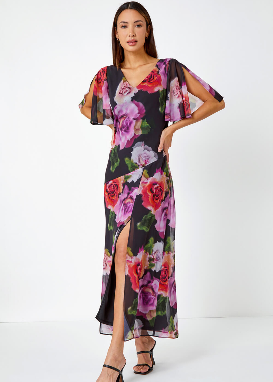 Roman Black Floral Print Chiffon Tie Back Maxi Dress