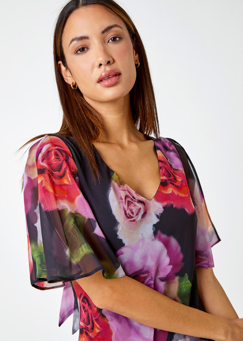 Roman Black Floral Print Chiffon Tie Back Maxi Dress