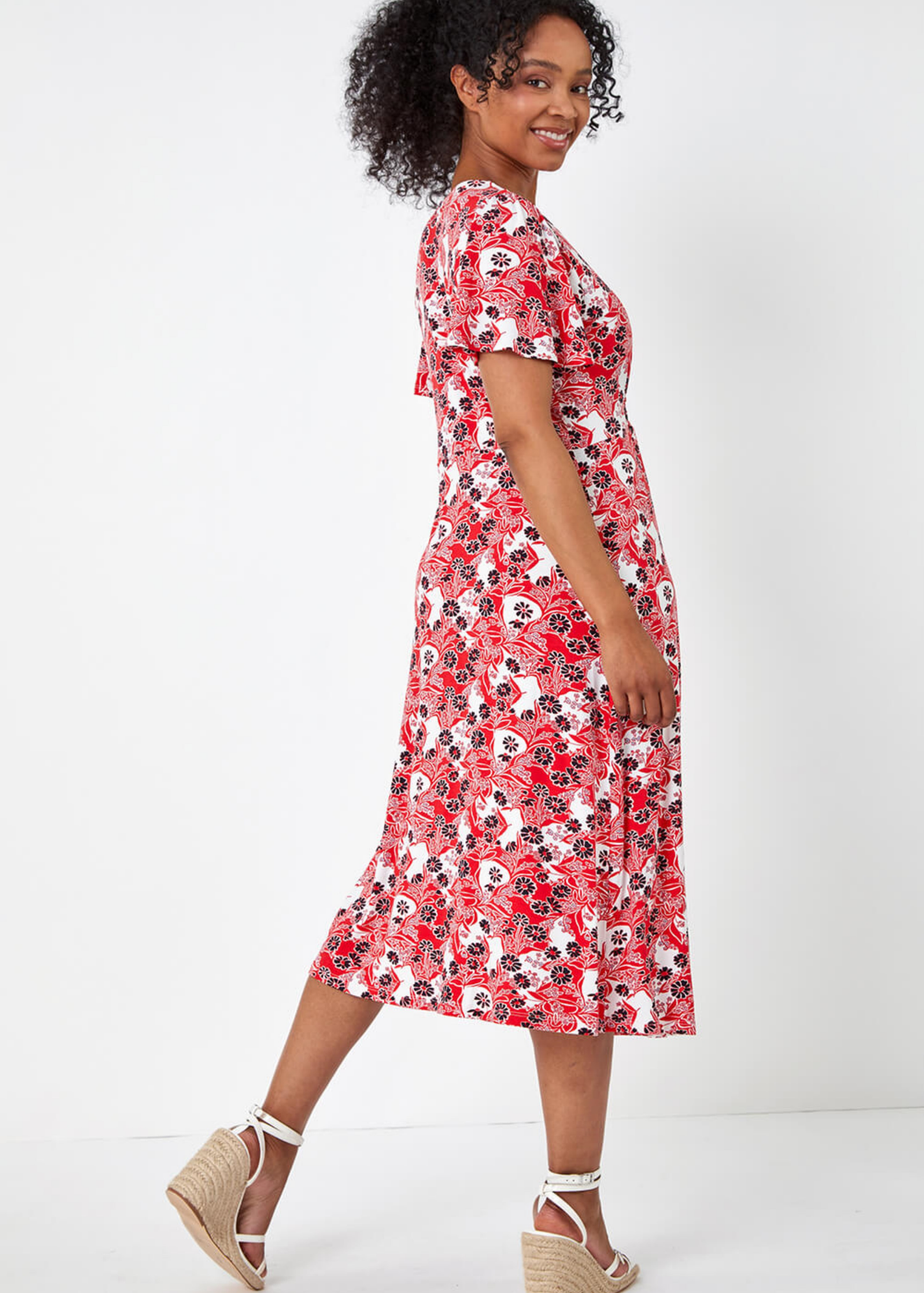 Roman Red Petite Floral Shirred Stretch Midi Dress