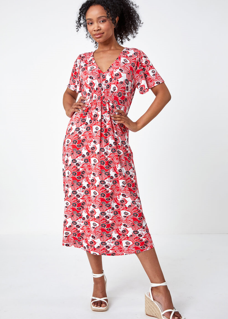 Roman Red Petite Floral Shirred Stretch Midi Dress