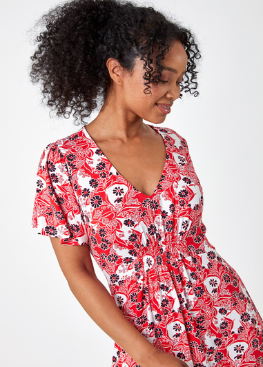 Roman Red Petite Floral Shirred Stretch Midi Dress