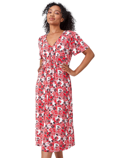 Roman Red Petite Floral Shirred Stretch Midi Dress