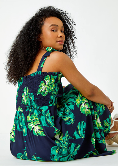 Roman Navy Petite Tropical Print Shirred Maxi Dress