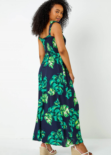 Roman Navy Petite Tropical Print Shirred Maxi Dress