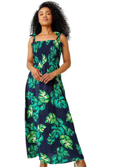 Roman Navy Petite Tropical Print Shirred Maxi Dress