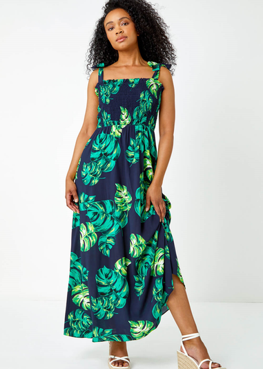 Roman Navy Petite Tropical Print Shirred Maxi Dress