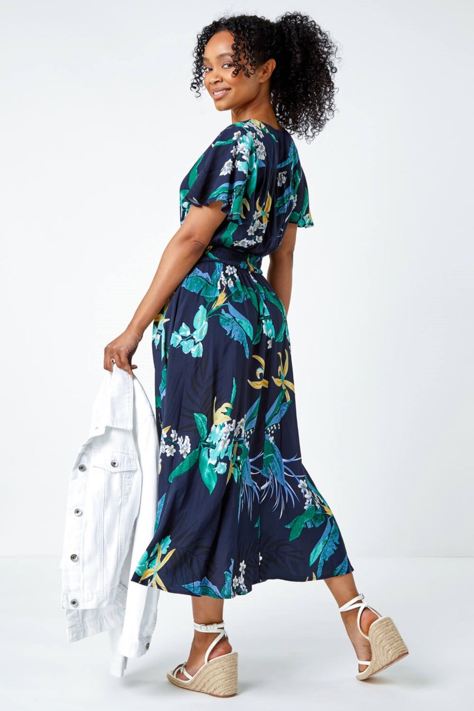 Roman Navy Petite Floral Shirred Midi Dress